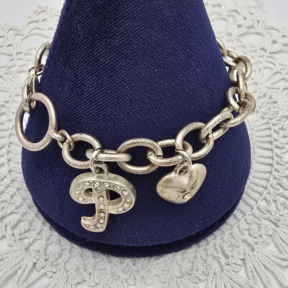 Charm Bracelet Silver Tone Puffy Heart Rhinestone P Initial 6.75"